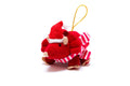 Red triceratops with a scarf and santa hat with a golden looped thread for hanging.