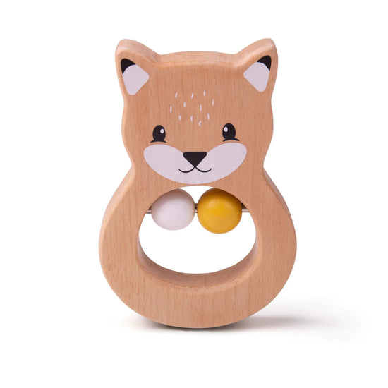 The wooden fox rattle against a white background.