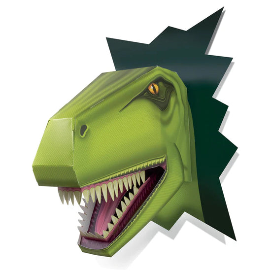 Load image into Gallery viewer, The trex head after assembly hung on a white wall.
