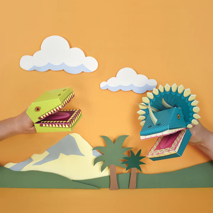 Lifestyle shot of the two dinosaur hand puppets assembled.