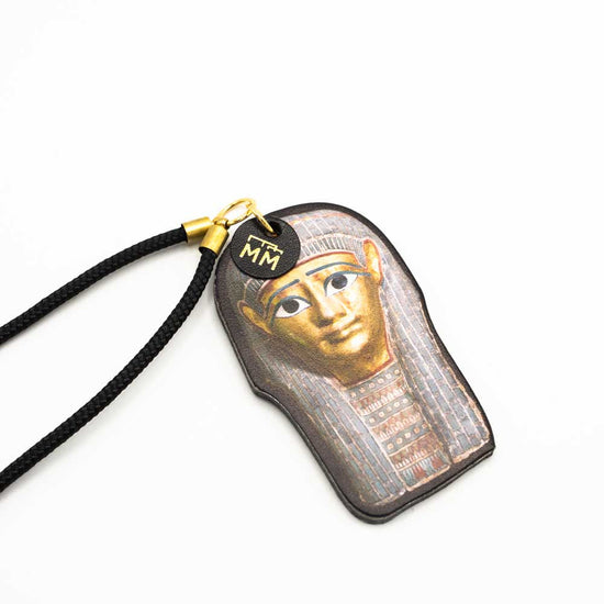 Load image into Gallery viewer, Close up of burial mask photograph bag charm.
