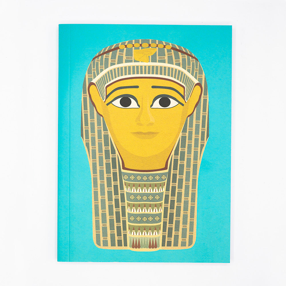 Front short of notebook with turquoise background and an Egyptian burial mask illustration.