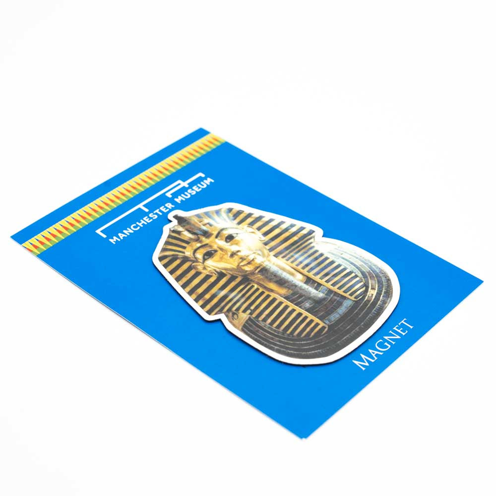 Load image into Gallery viewer,  King Tutankhamun shaped magnet with the blue card packaging.
