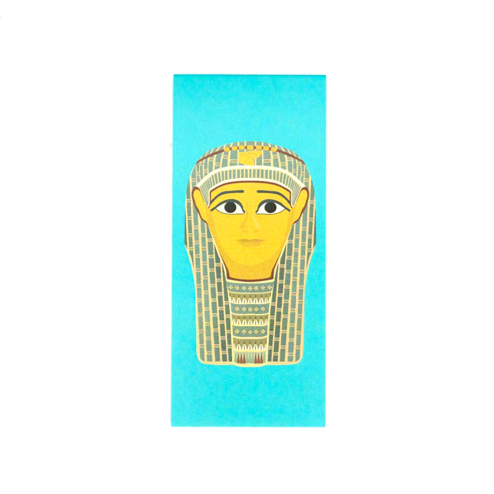 Turquoise burial mask illustration bookmark agaisnt a white backdrop.