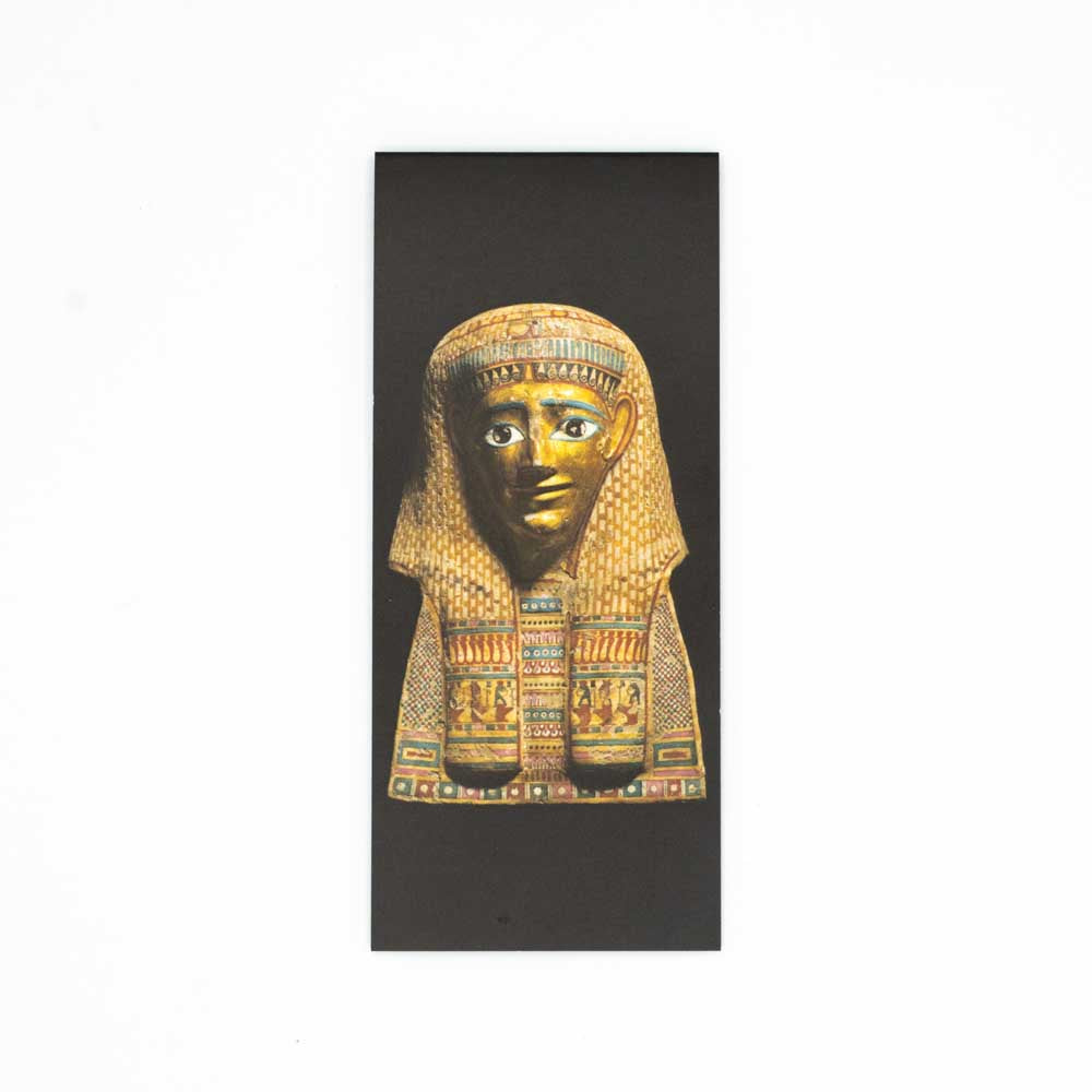 Front view of black bookmark with photopgraph of Golden Mummies burial mask.