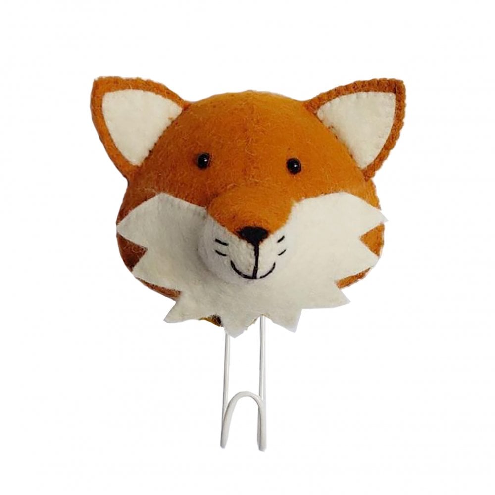Front view of the felted fox cub head with the white hook protruding from underneath.