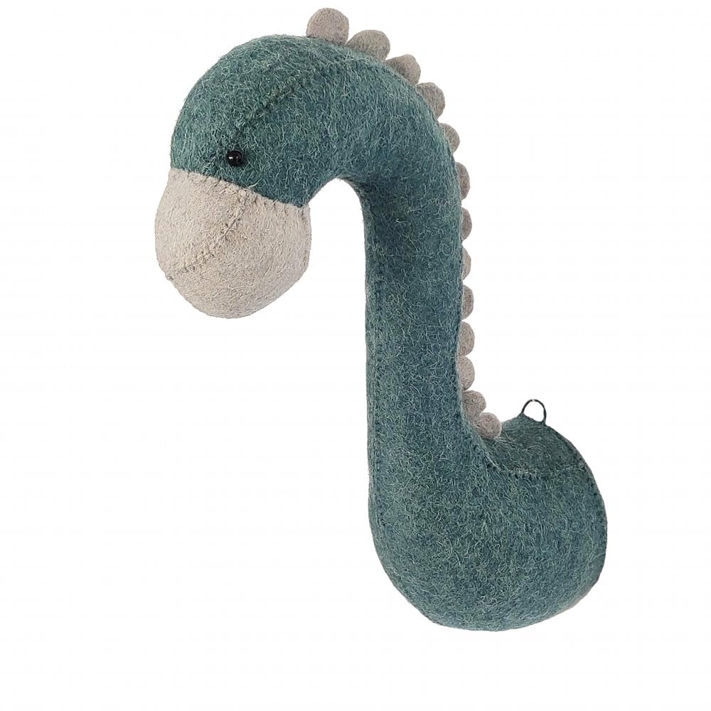 Front view of the felted diplodocus head.