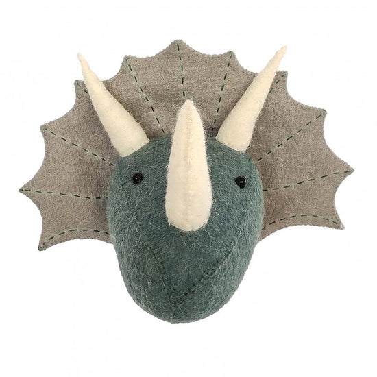 Front view of the felted triceratops head.