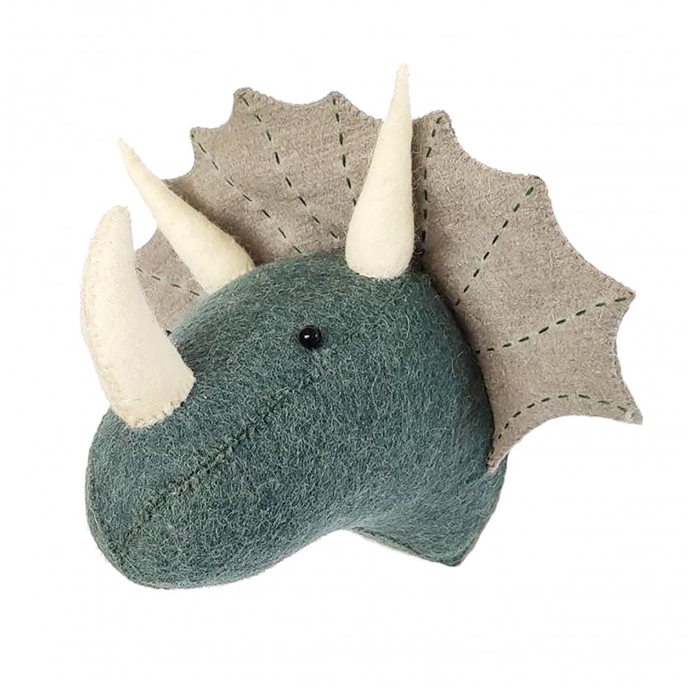 Side view of the felted triceratops head.
