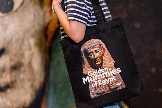 Lifestyle shot with a person wearing the tote over the shoulder with the golden mummies mask photograph facing towards the camera.