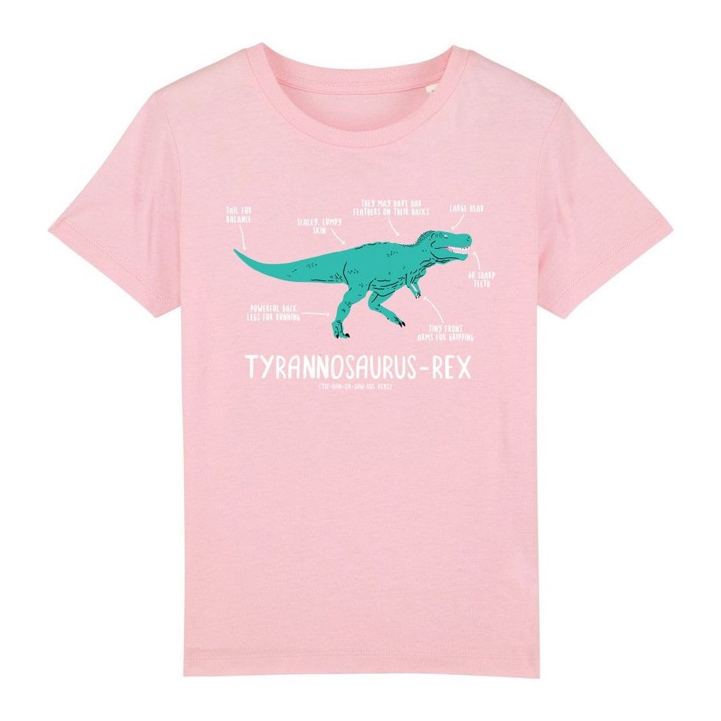 Pale pink shirt with a turquoise illustrated t-rex printed on the chest. Underneath the dinosaur the name and pronunciation are written in white.