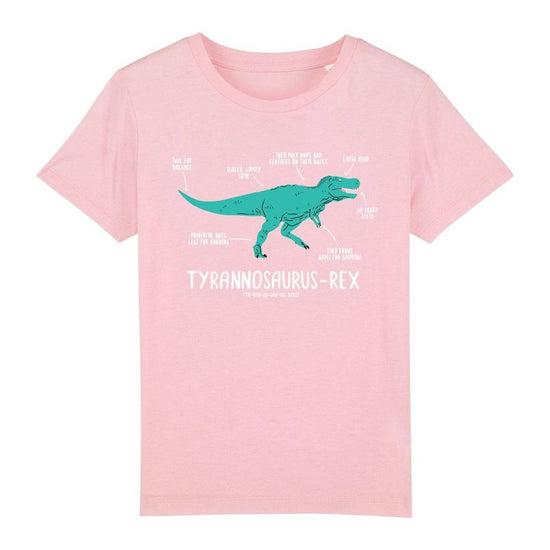 Pale pink shirt with a turquoise illustrated t-rex printed on the chest. Underneath the dinosaur the name and pronunciation are written in white.