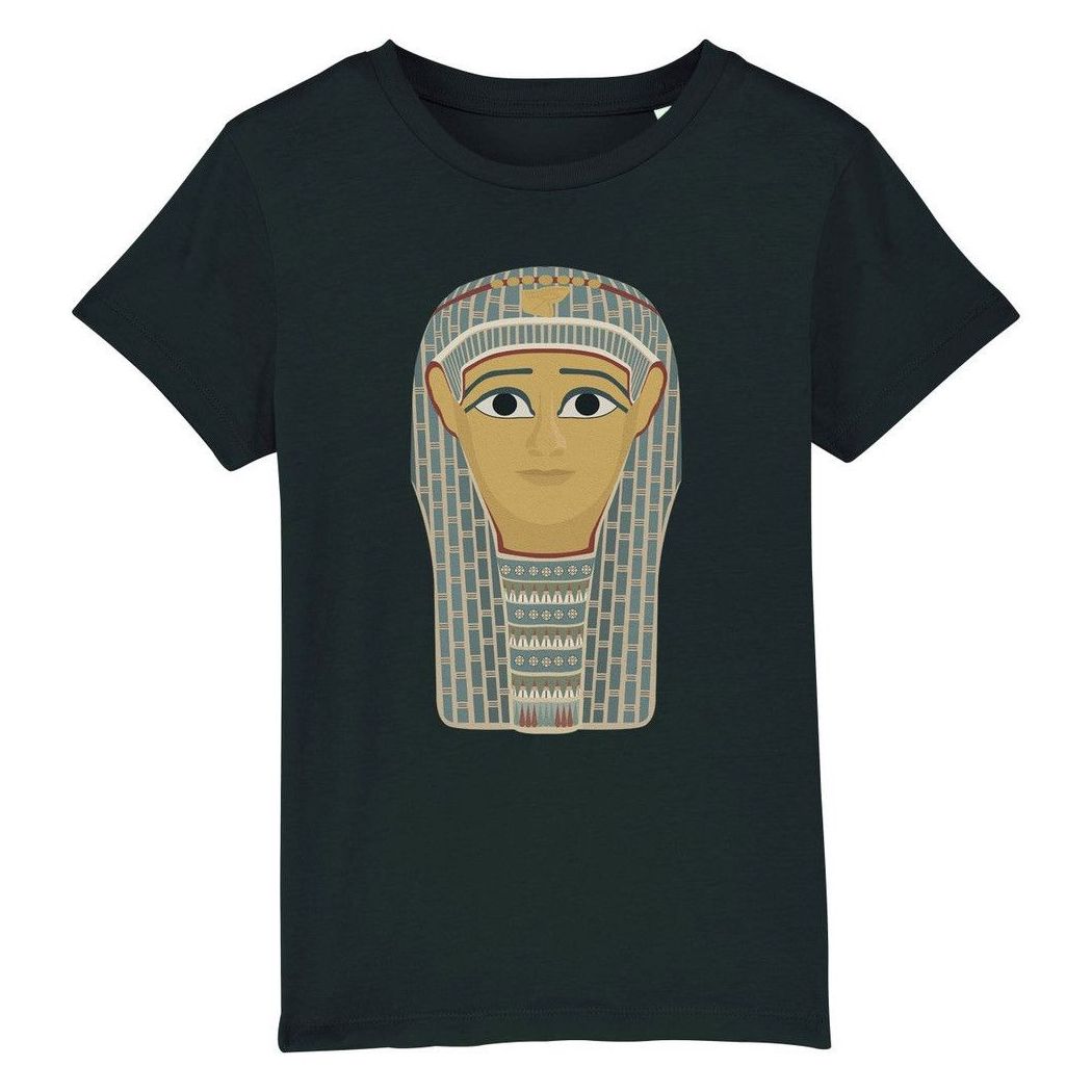 Black t-shirt with Golden Mummies mask illustration on the chest.