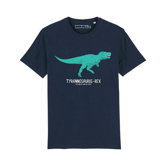 Navy shirt with a turquoise illustrated t-rex printed on the chest. Underneath the dinosaur the name and pronunciation are written in white.
