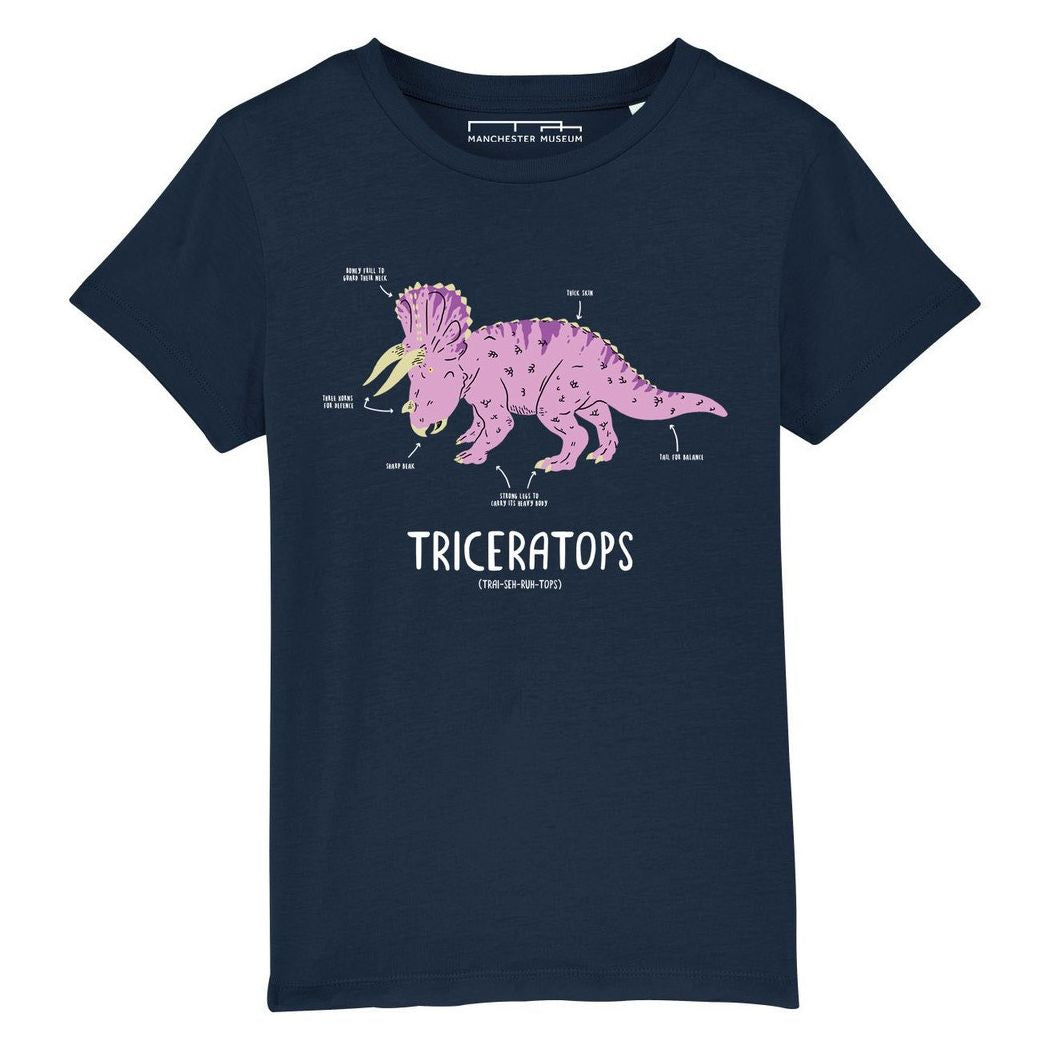 Navy shirt with a pink illustrated triceratops printed on the chest. Underneath the dinosaur the name and pronunciation are written in white.