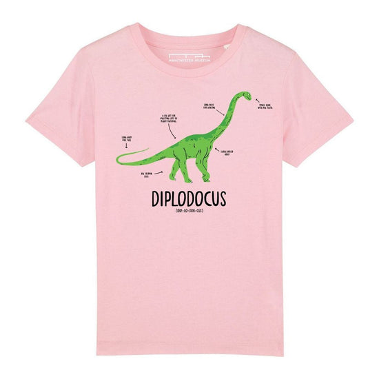 Pale pink t-shirt with a green diplodocus on the chest. Under the dinosaur it's name and the pronunciation are written in black.