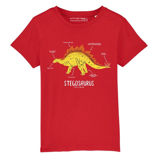 Bright red shirt with a yellow and orange illustrated stegosaurus printed on the chest. Underneath the dinosaur the name and pronunciation are written in white.