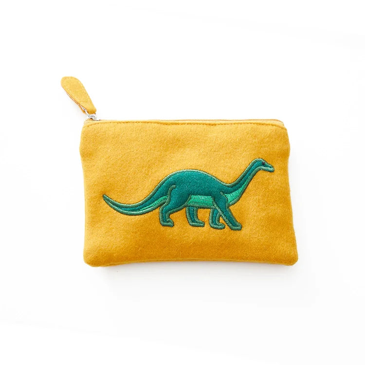 Load image into Gallery viewer, Orange felt purse with a green diplodocus embroidered on the front. White backdrop.
