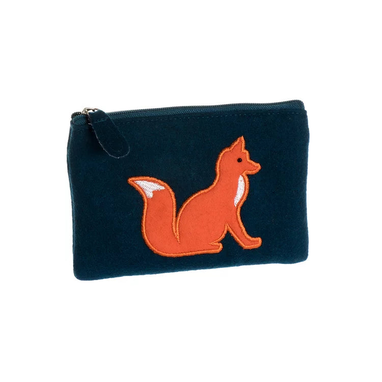 Dark green felt purse with a orange-red fox embroidered on the front. White backdrop.