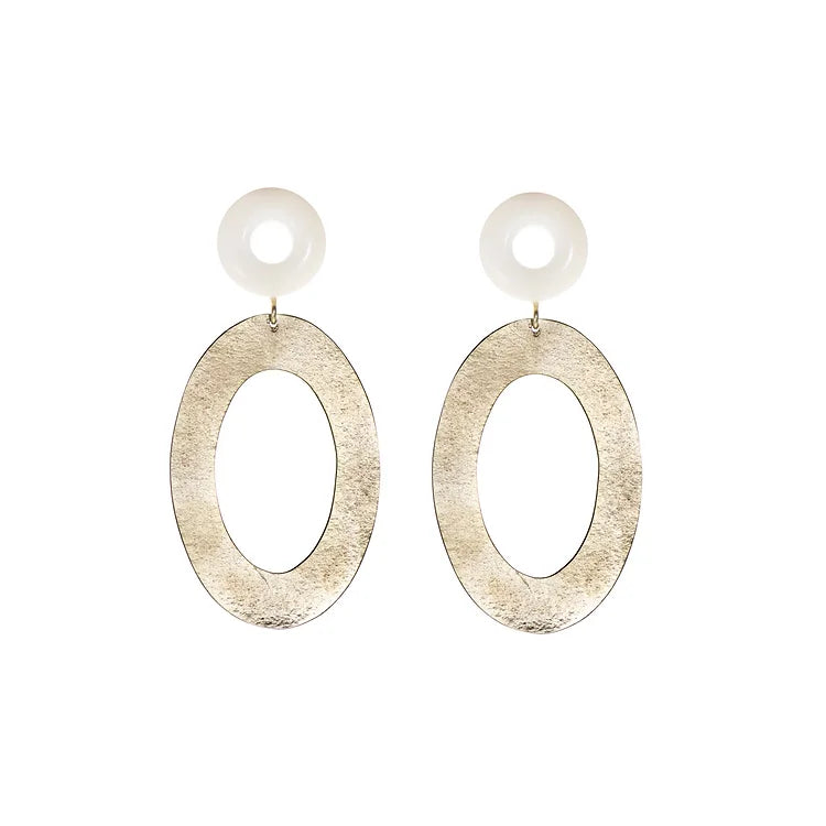 Load image into Gallery viewer, Small undyed tagua stud earrings with larger oval brass pendants attached underneath. Whitw backdrop.
