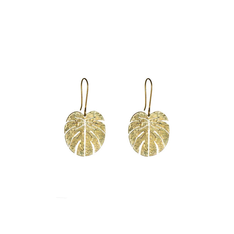 Smaller brass earrings of a monstera leaf shape on a white background