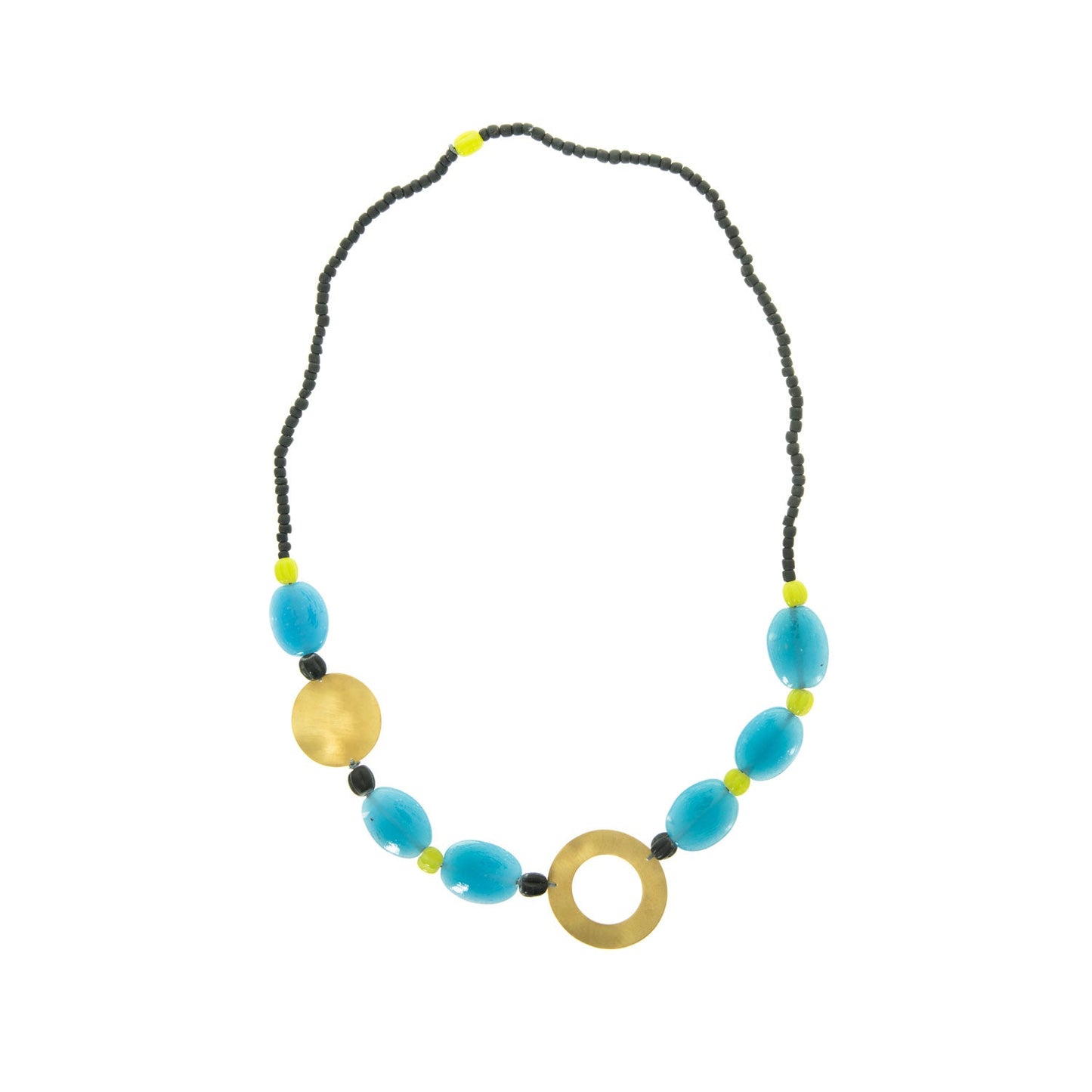 Necklace with small green beads around the neck end and larger blue and yellow beads along the drop. There is a brass disc to the left and a brass circle with a cut out just off centre of the drop.