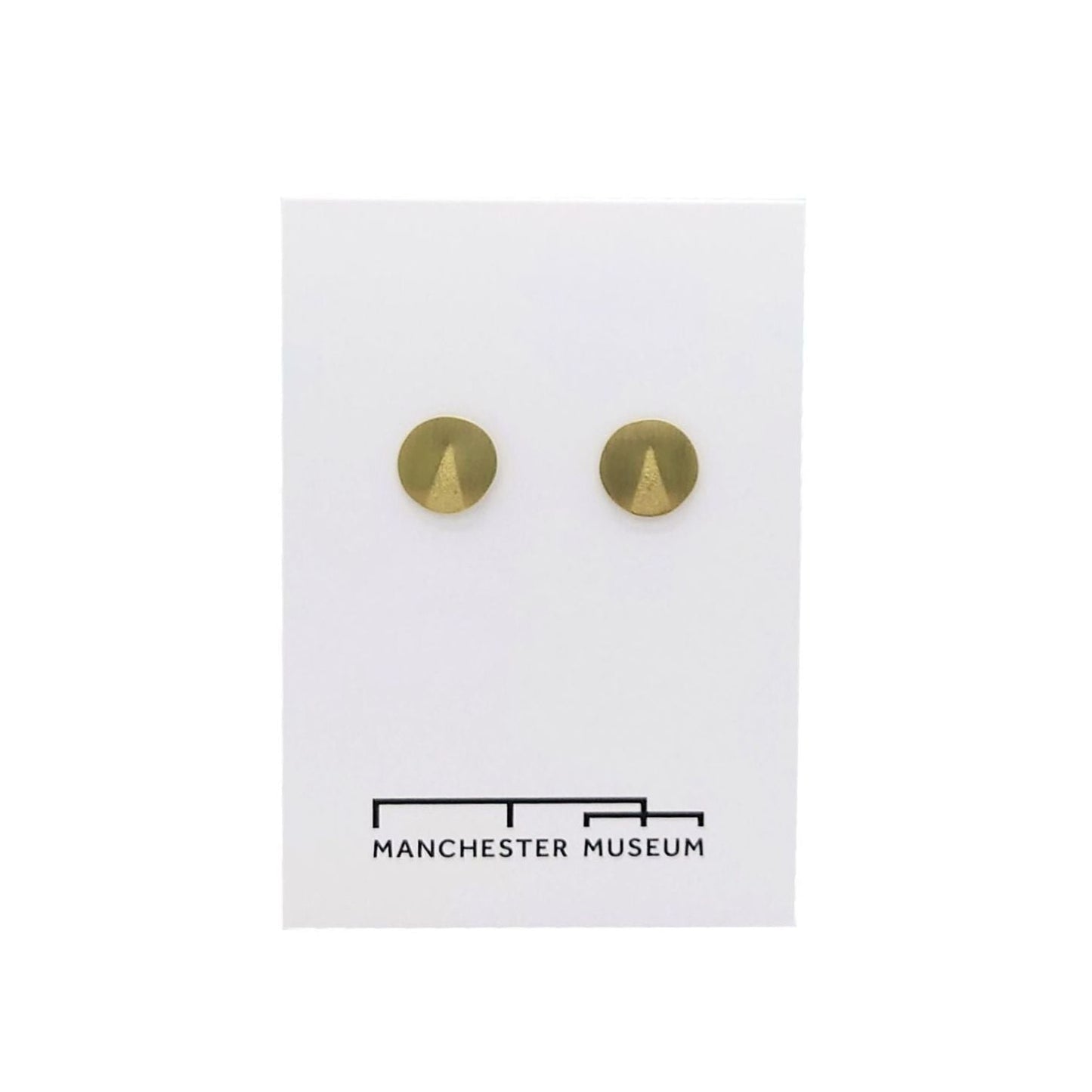 Round brass studs on the white, museum branded backing card.