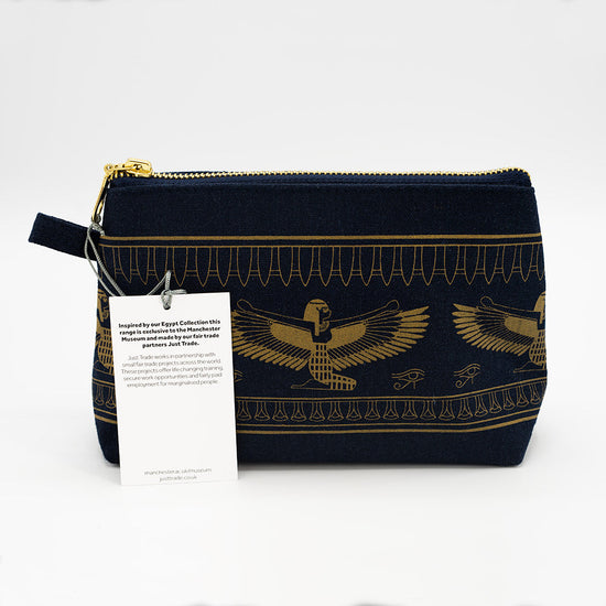 Load image into Gallery viewer, Denim zip bag with golden pattern of a sitting isis inspired by the golden mummies exhibition.
