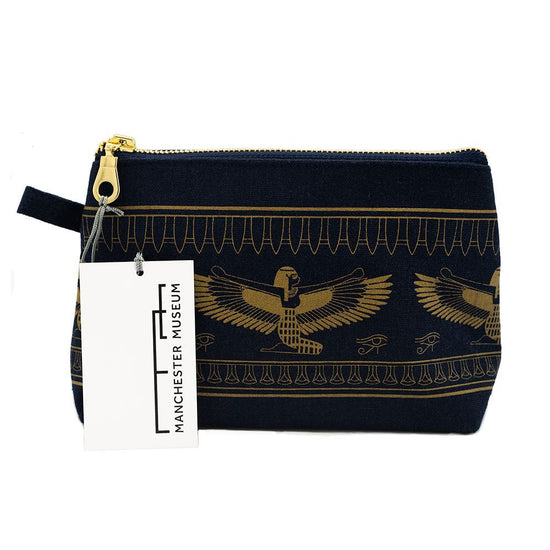 Denim zip bag with golden pattern of a sitting isis inspired by the golden mummies exhibition.