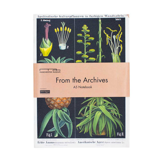 Load image into Gallery viewer, The pineapple and agave print with a dusky pink belly band around the middle. The belly band has black text reading, from the archives and below in smaller, A5 notebook.
