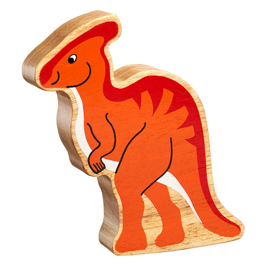 Load image into Gallery viewer, The orange and red striped parasaurlophus side view.

