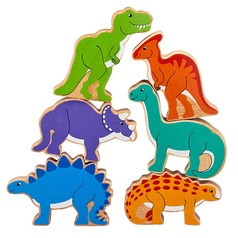 Load image into Gallery viewer, The entire playset of six dinosaurs stacked three and three on top of one another.

