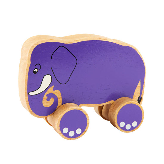 The purple elephant push along toy in side view.