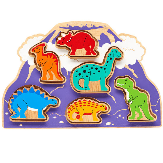 The dinosaur shape sorter in a front view with a stegosaurs, saichania, t-rex, diplodocus, triceratops and parasaurlophus.
