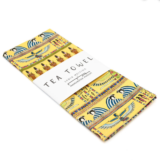 Load image into Gallery viewer, Egyptian tea towel angled side view folded view with the white belly band around the middle.
