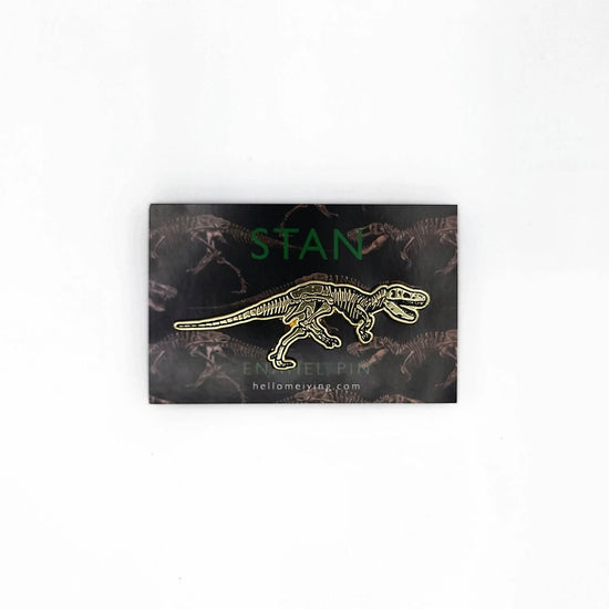 The golden Stan pin on the dark backing card which has the Stan illustration in a repeat pattern. Above the pin in dark green sans serif font it says, Stan.