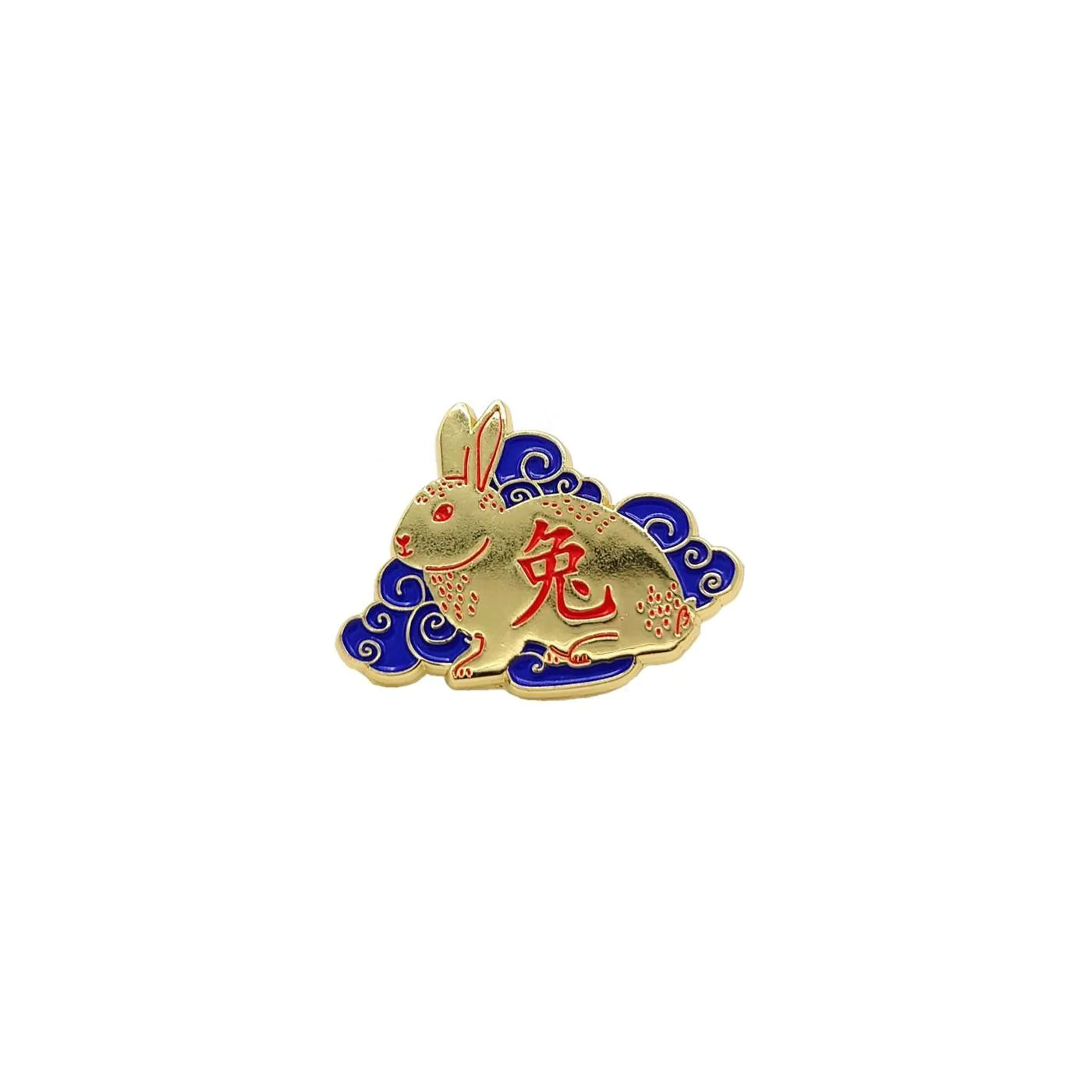 The golden rabbit with red chinese character in the body, it's sitting amongst blue clouds. White backdrop.