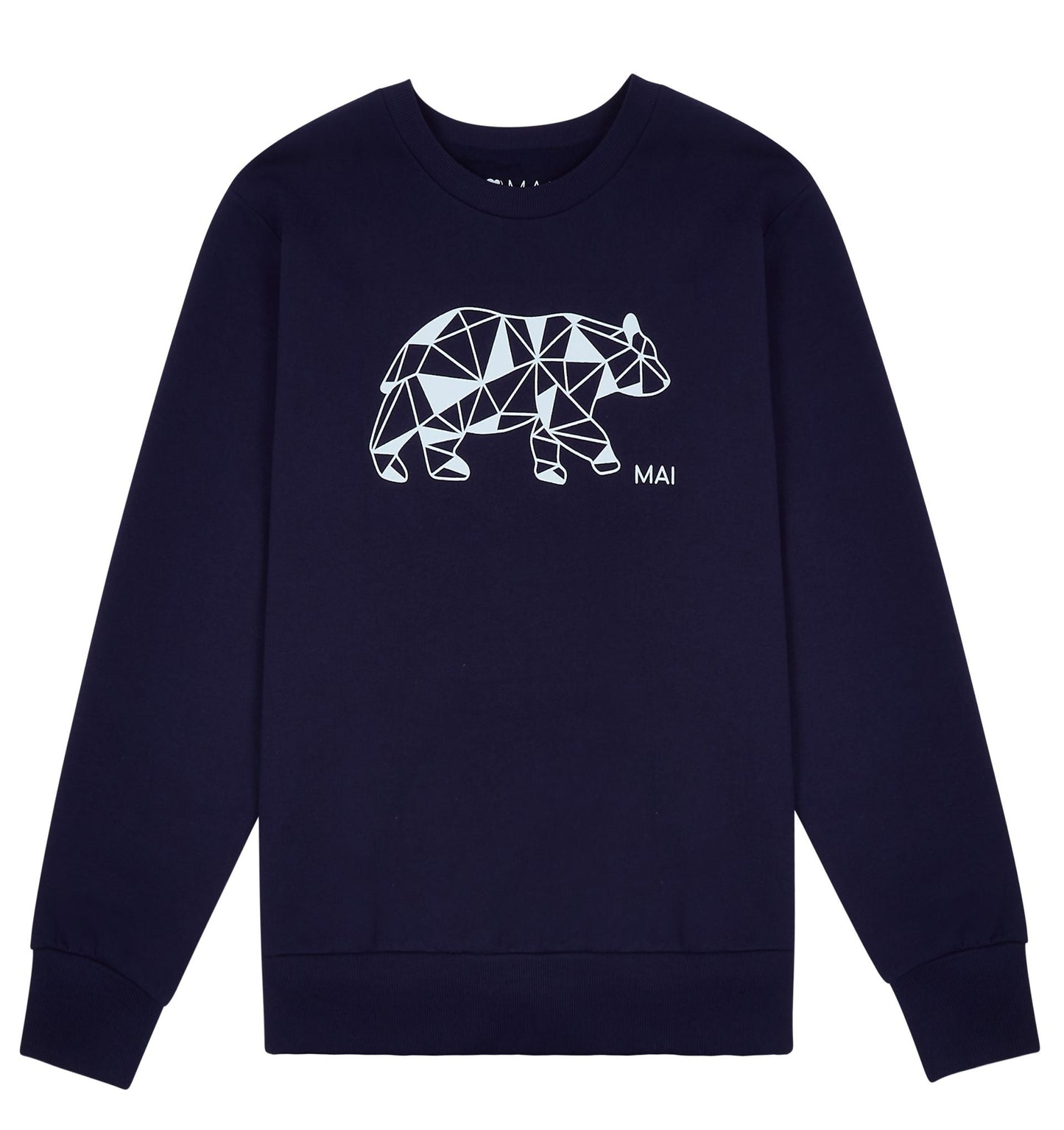 The dark navy sweatshirt against a white background with a white geometrical polar bear on the centre of the front of the shirt.