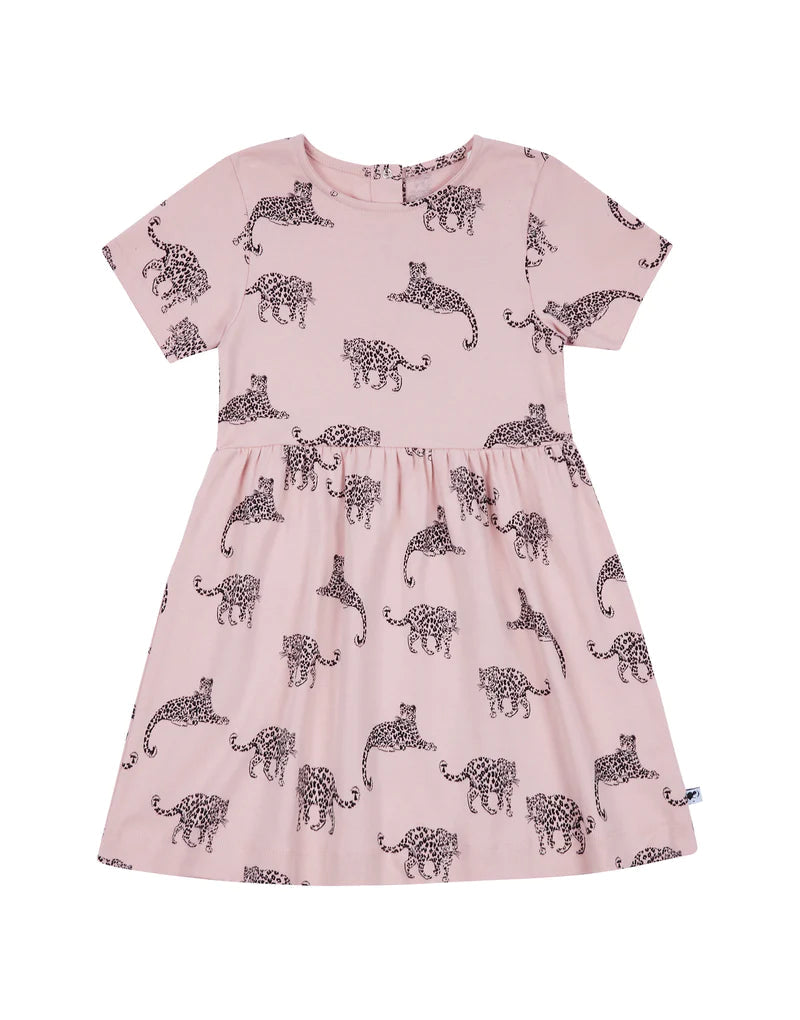The pale pink dress with short sleeves and leopard outline print against a white background.