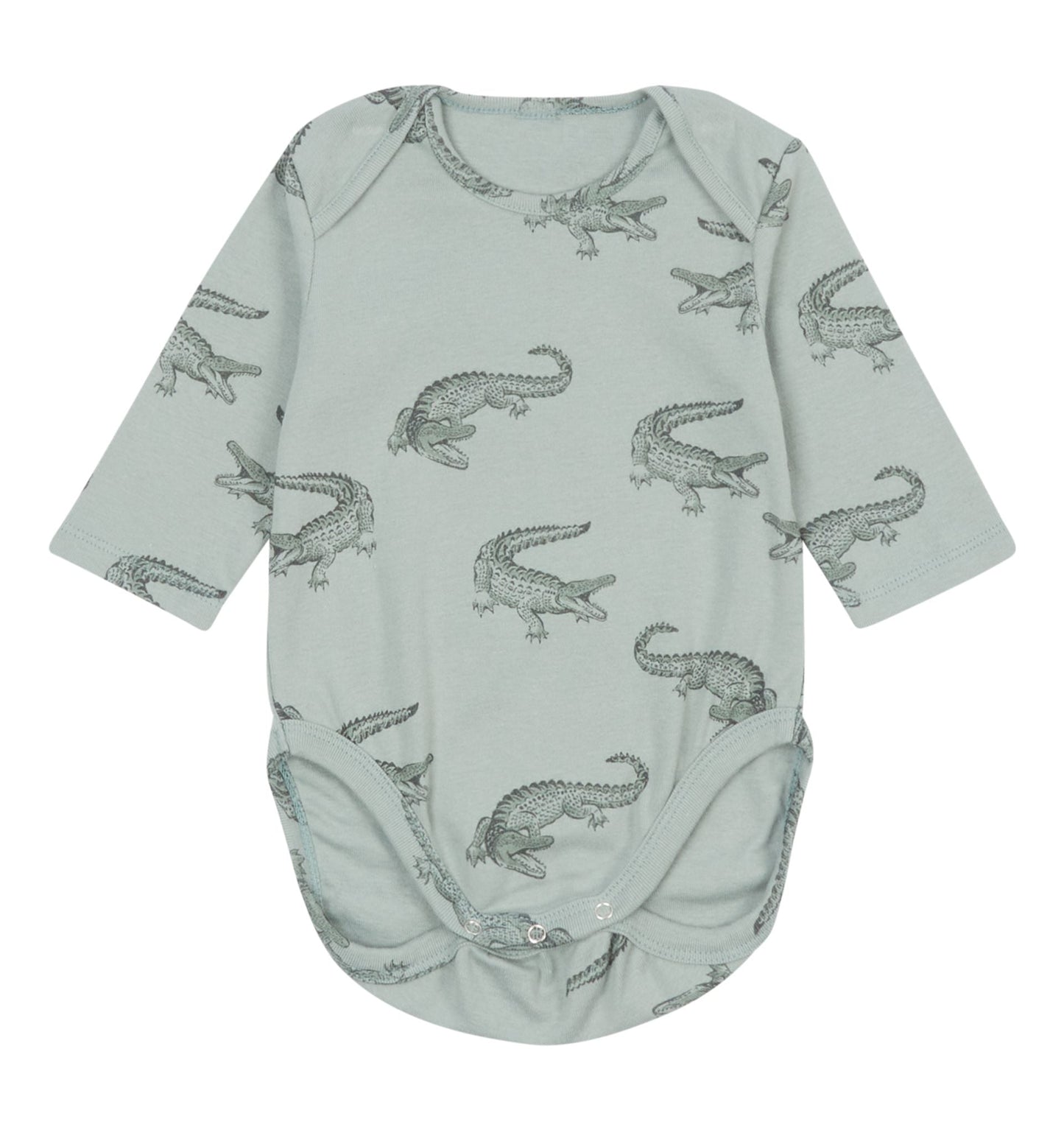 The sage green baby bodysuit with three quarter sleeves and crocodile outline print against a white background.