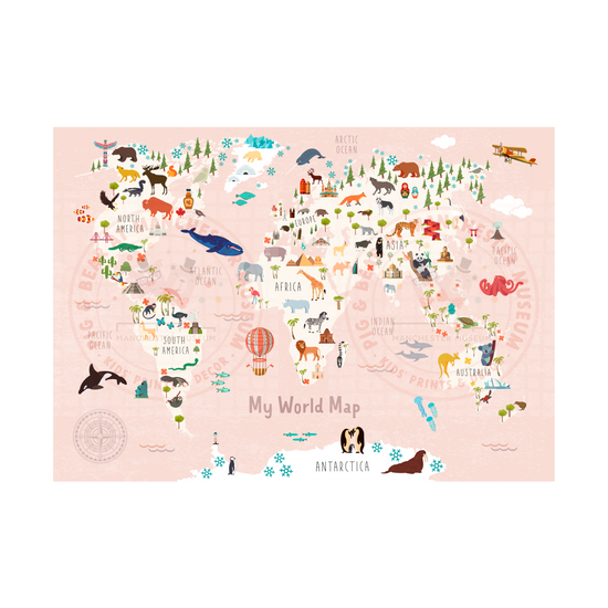 World map with pink background and animals from the regions on it.
