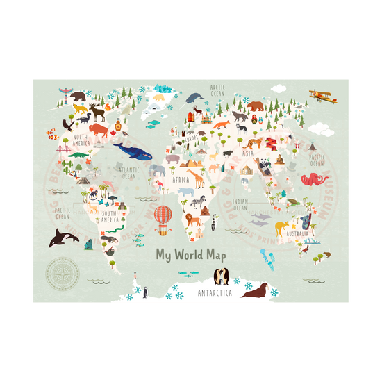 World map with sage green background and animals from the regions on it.