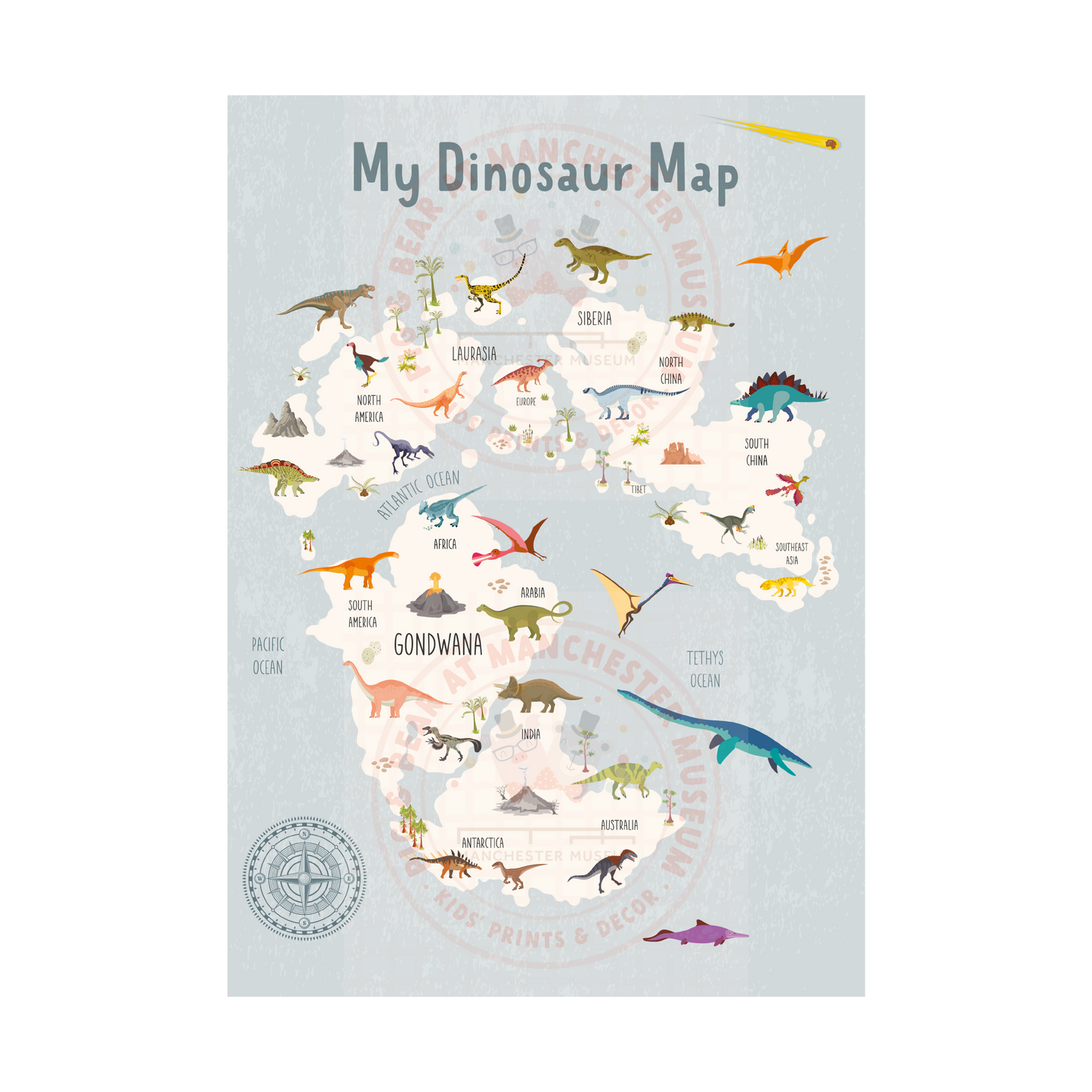 Print with the headline text, my dinosaur map. The map is showing the super continent Gondwana.