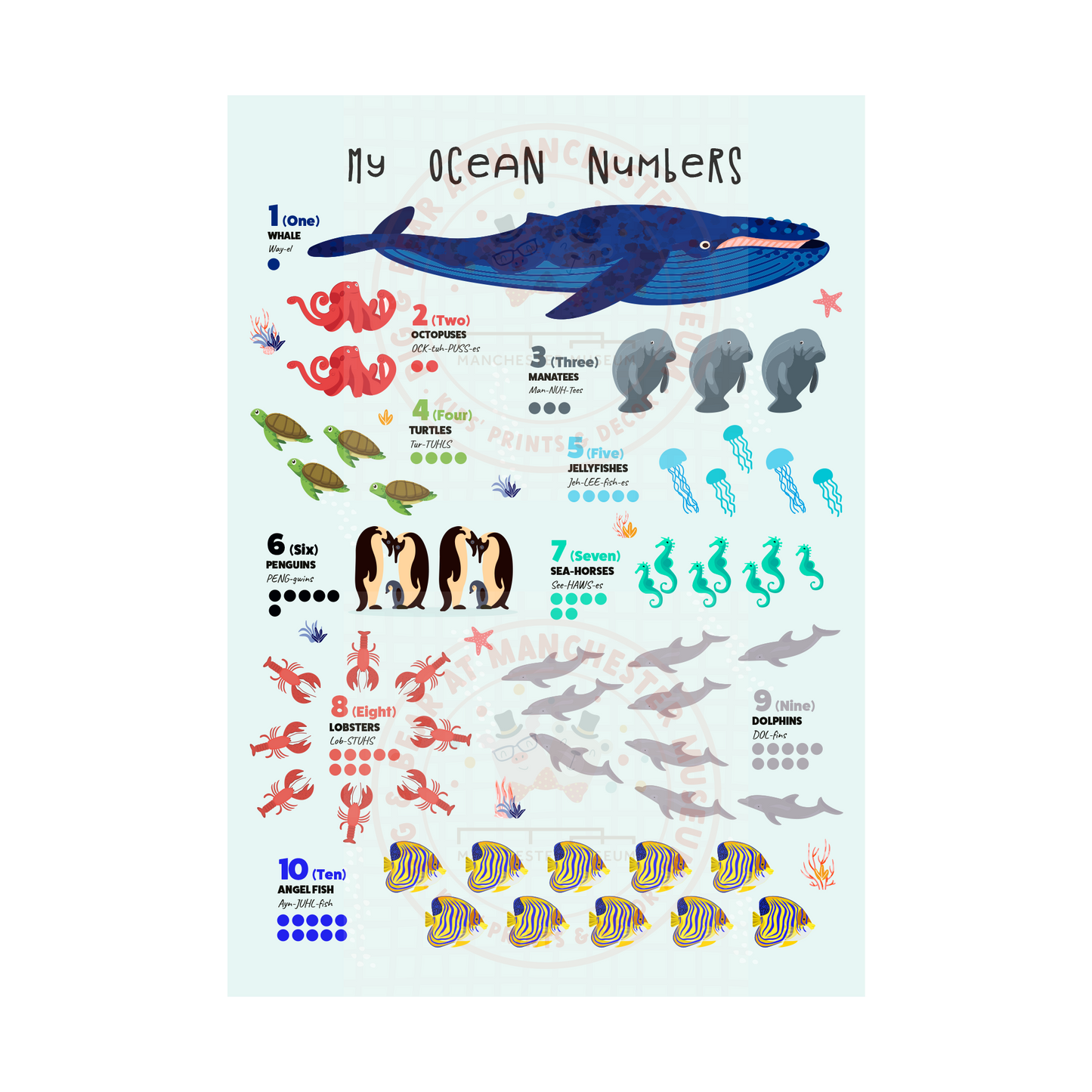 Print with the headline text, my ocean numbers. Ocean wildlife in groups of numbers from one large whale to ten small fish at the bottom.