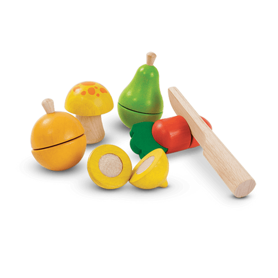 Load image into Gallery viewer, The fruit and veg play set against a white background  with the wooden knife placed as if about to cut the carrot in half.

