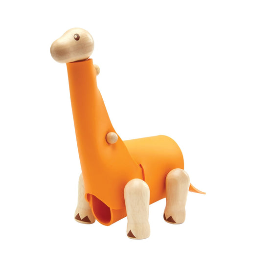 Load image into Gallery viewer, The orange DIY Brachiosaurus that has wooden head and legs.
