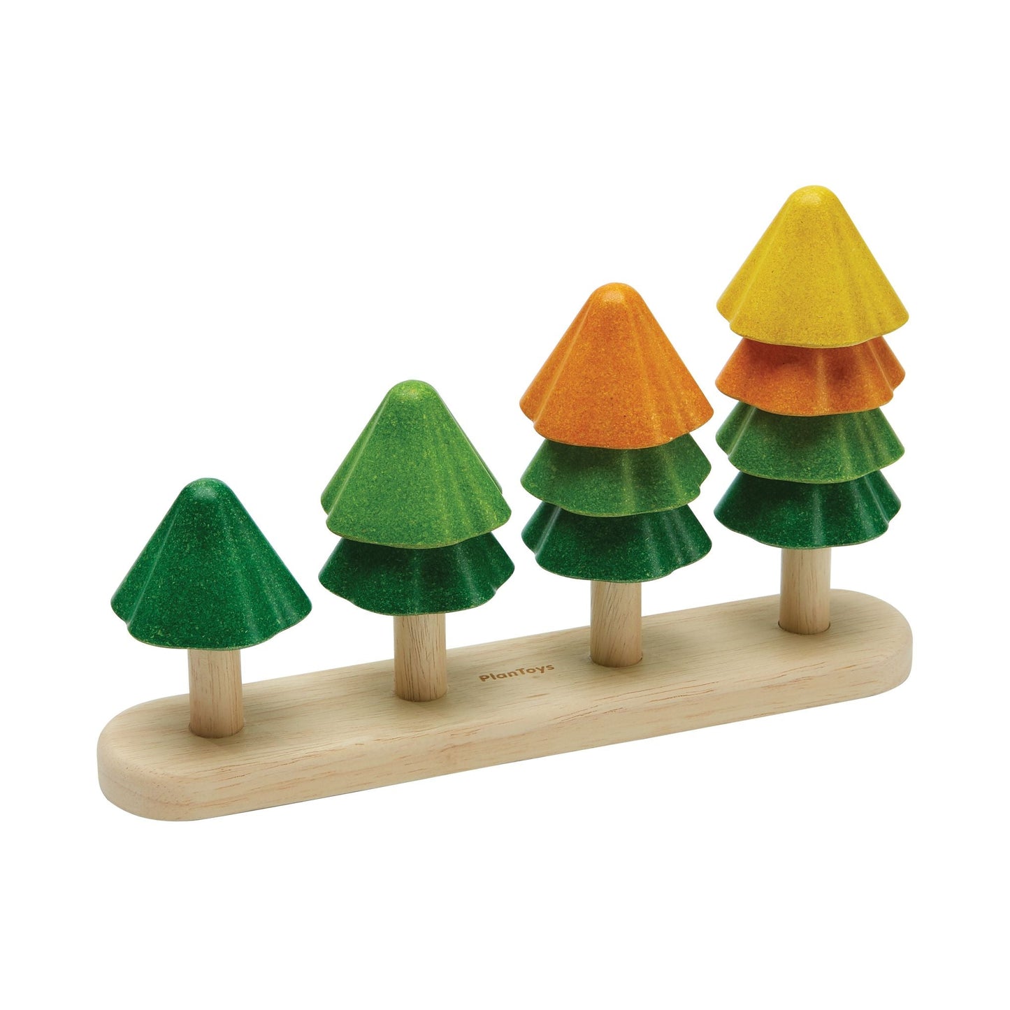 The board with four sort and count trees with the lowest tree from left to right. The first tree is dark green only the second has dark and pale green while the third has dark green, pale green and orange. The fourth tree is dark green at the bottom, pale green next then orange and finishing with yellow on top.