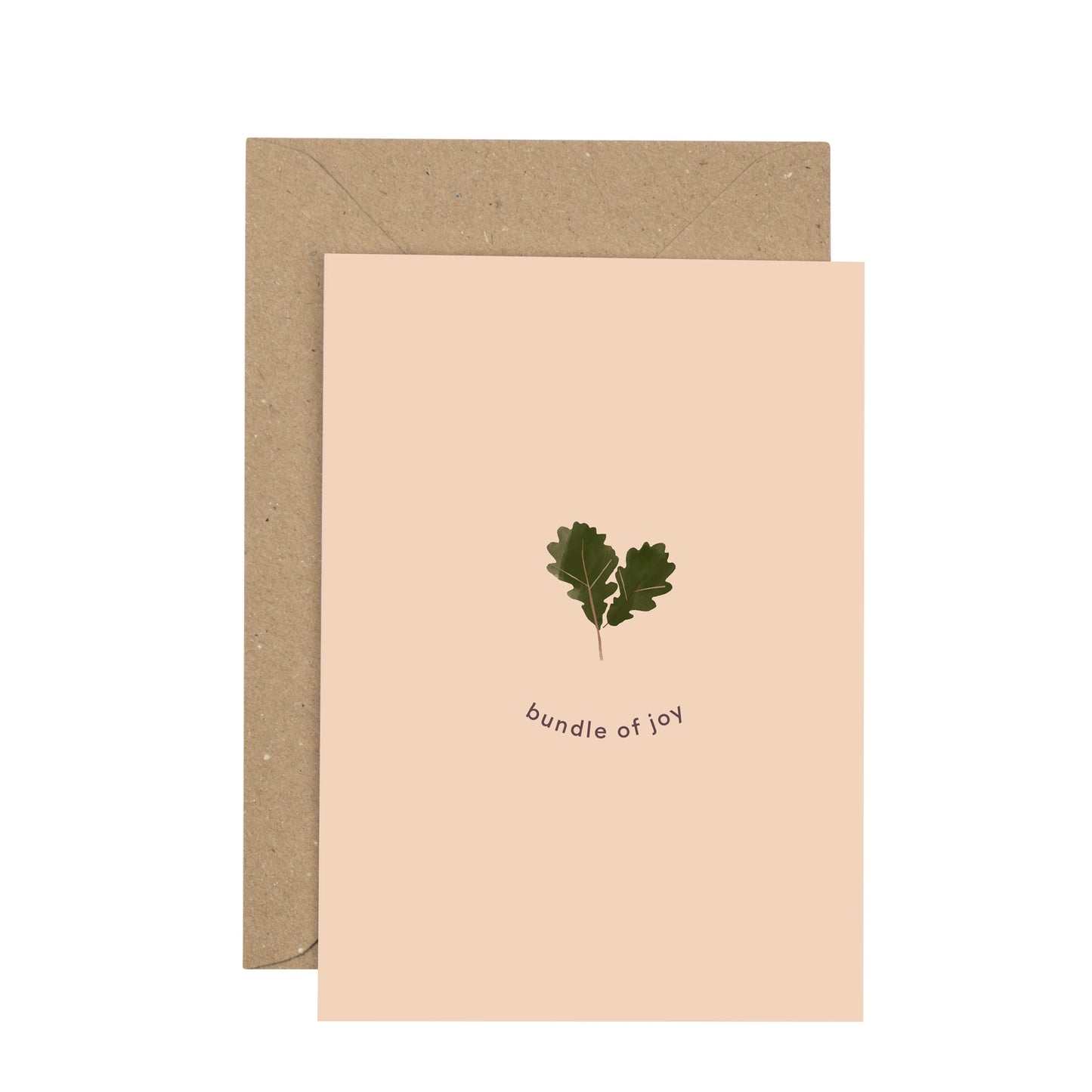 Nude coloured card with two small oak leaves in the middle and text underneath saying, bundle of joy.