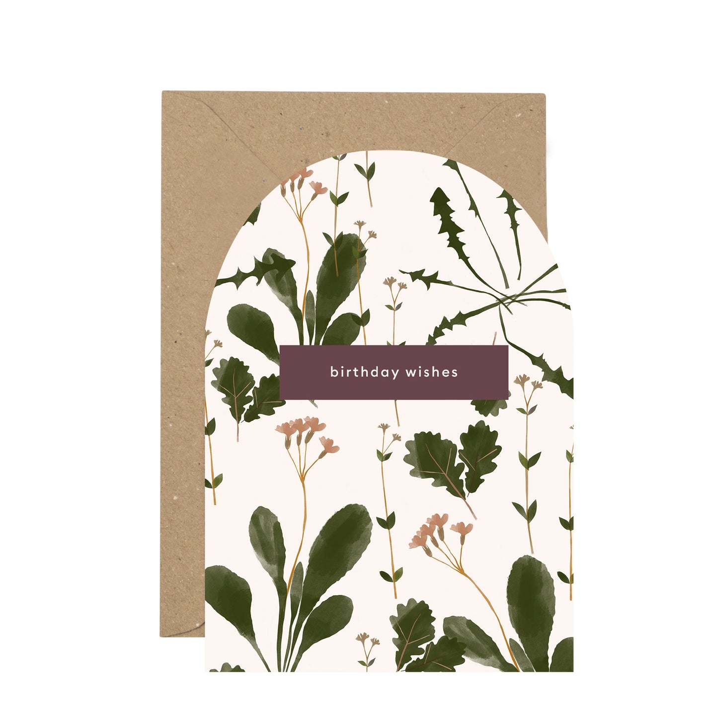 Arch shaped greetings card with weedy plant illustrations. A purple rectangle at the middle has the text, birthday wishes.