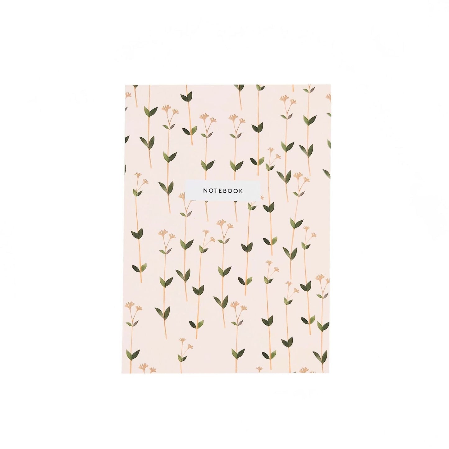 Ditsy print notebook in pale pink with many small thin weedy flowers. A white box is one third of the way down form the top with black text reading, notebook.